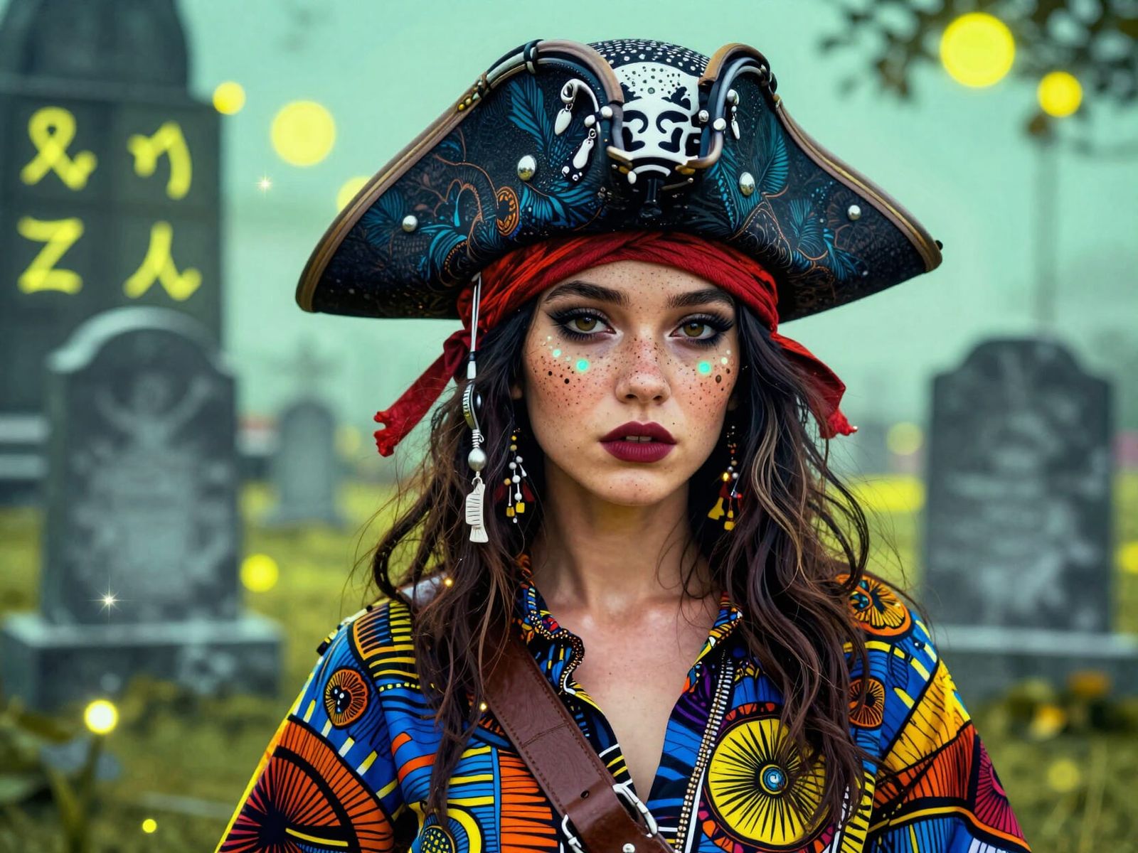 Ethereal Pirate with Bioluminescent Freckles in African Prin...