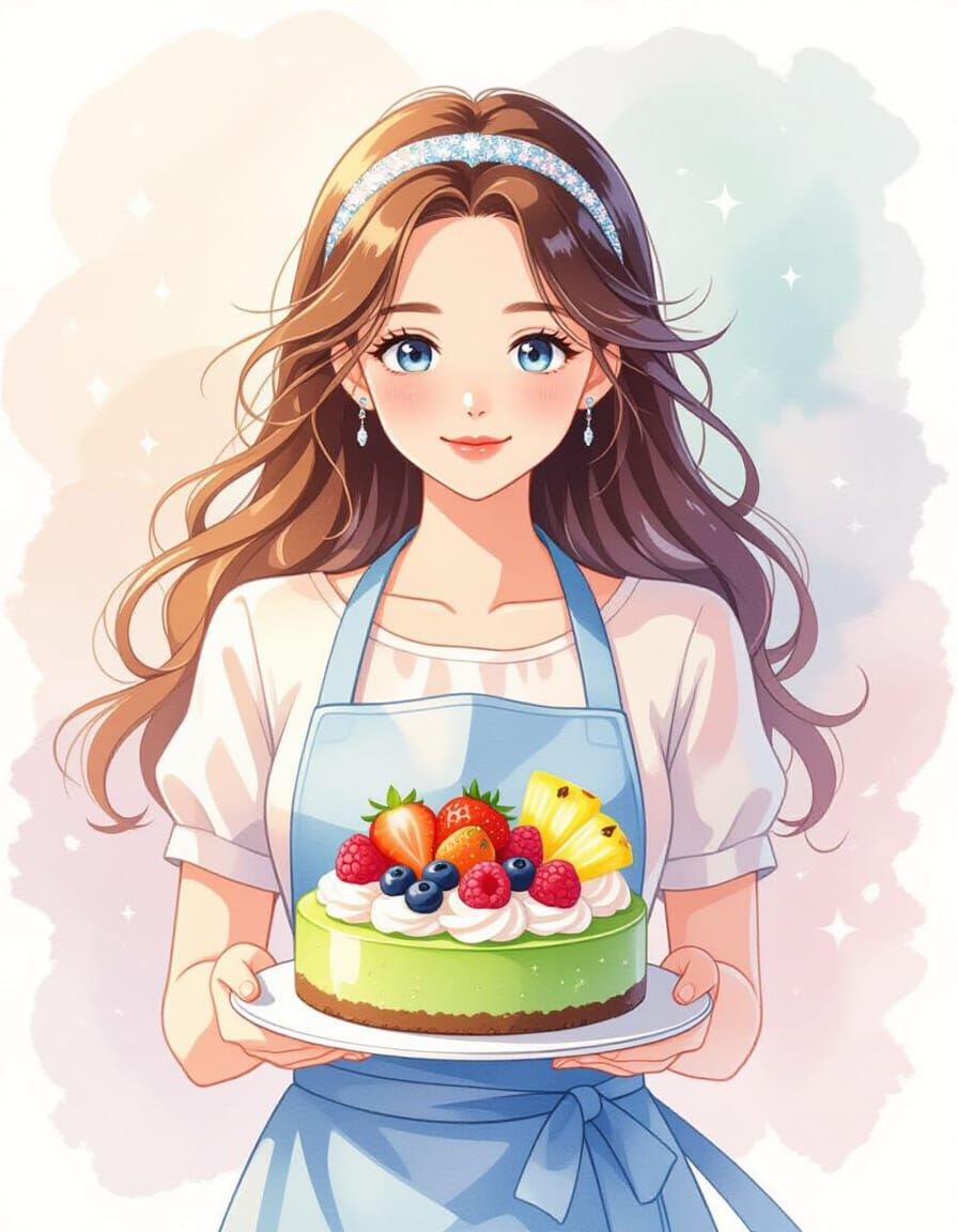 Celestial Baker's Matcha Cheesecake in Anime Style