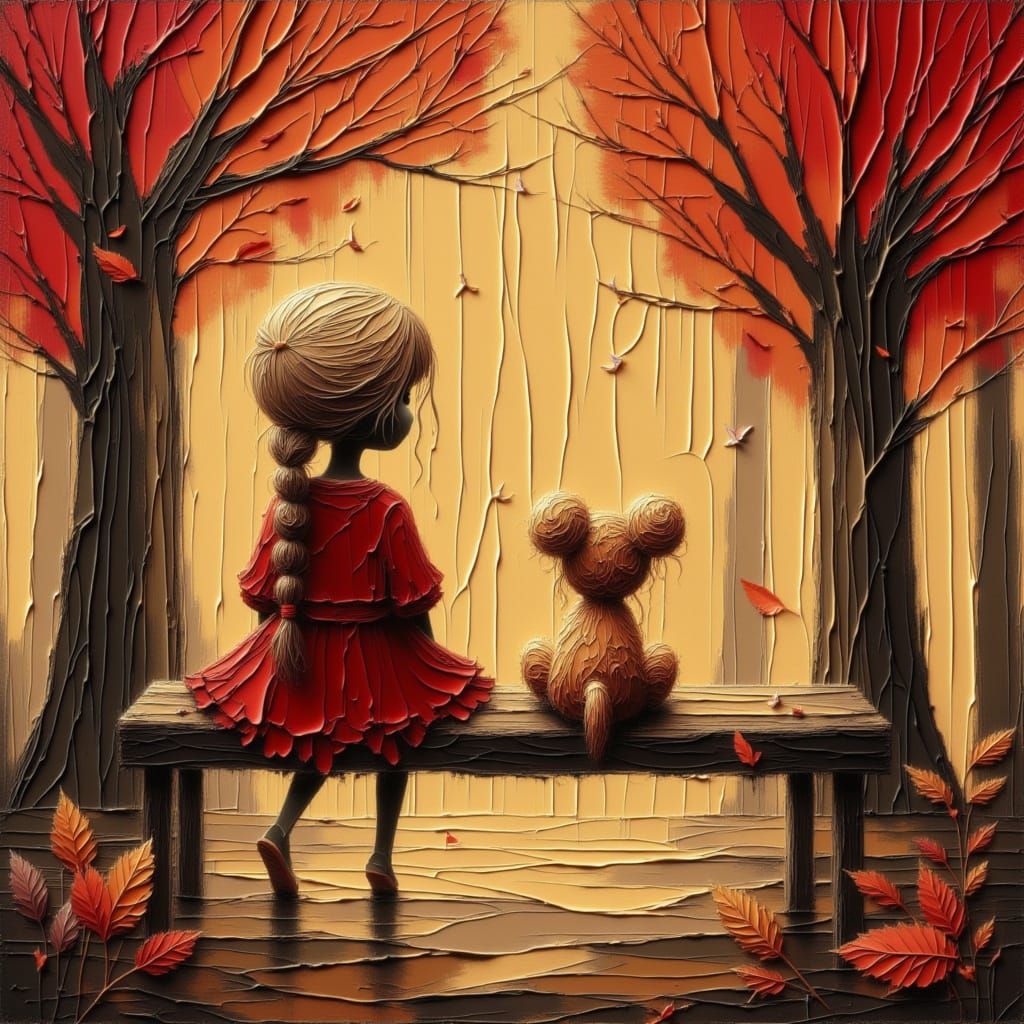 Girl and Puppy on Swing in Autumn Garden Oil Painting
