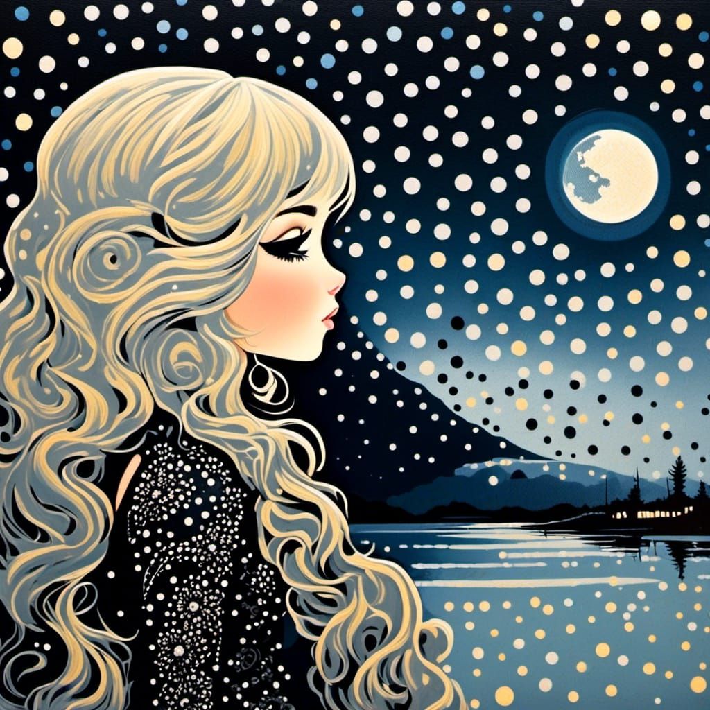 A head and shoulders silhouette of an enchanting chibi girl in lace with freckles, gothic oil painting, perfect side pro...