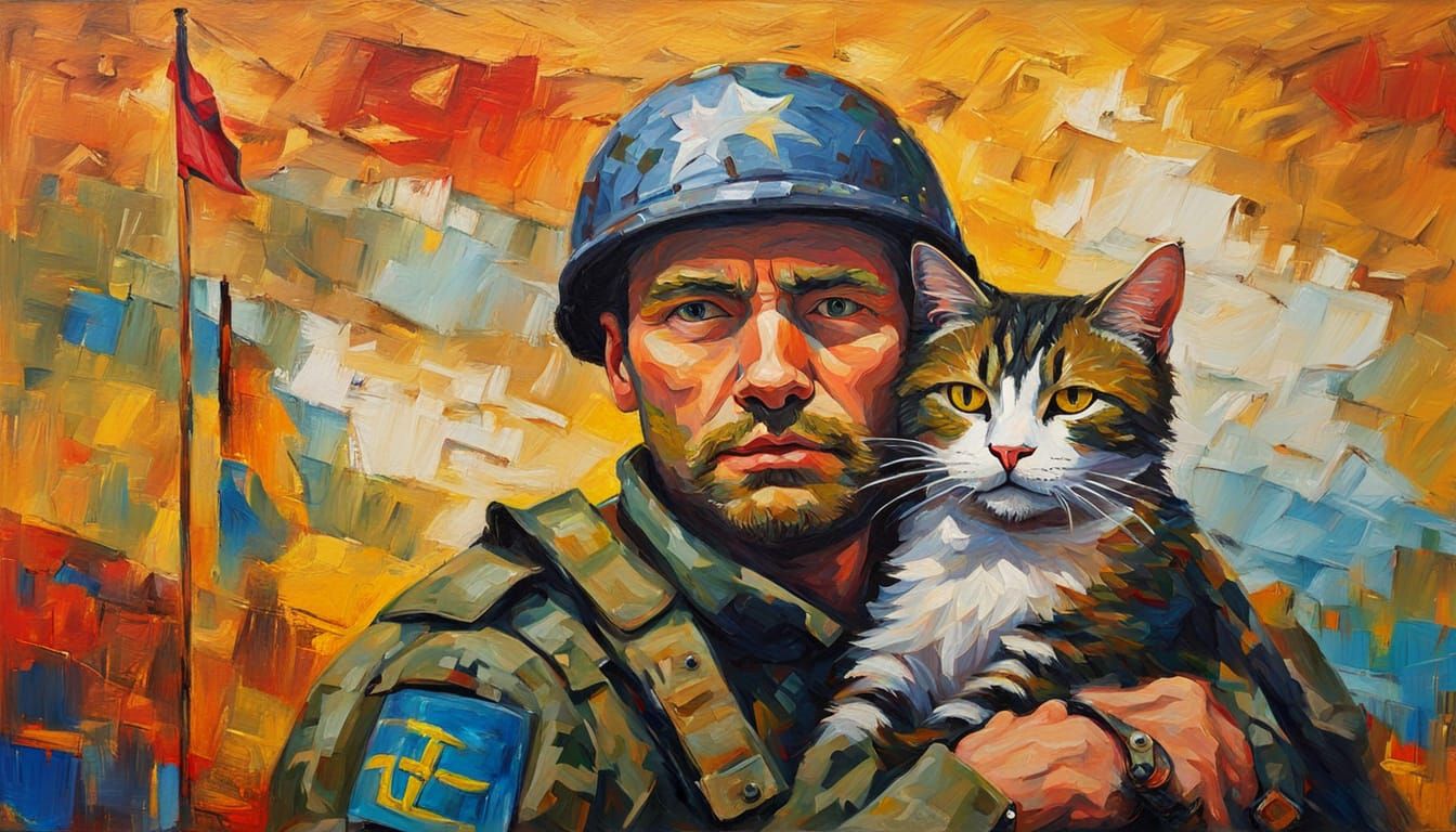 Ukrainian Soldier and Cat: Abstract Impasto Oil Painting