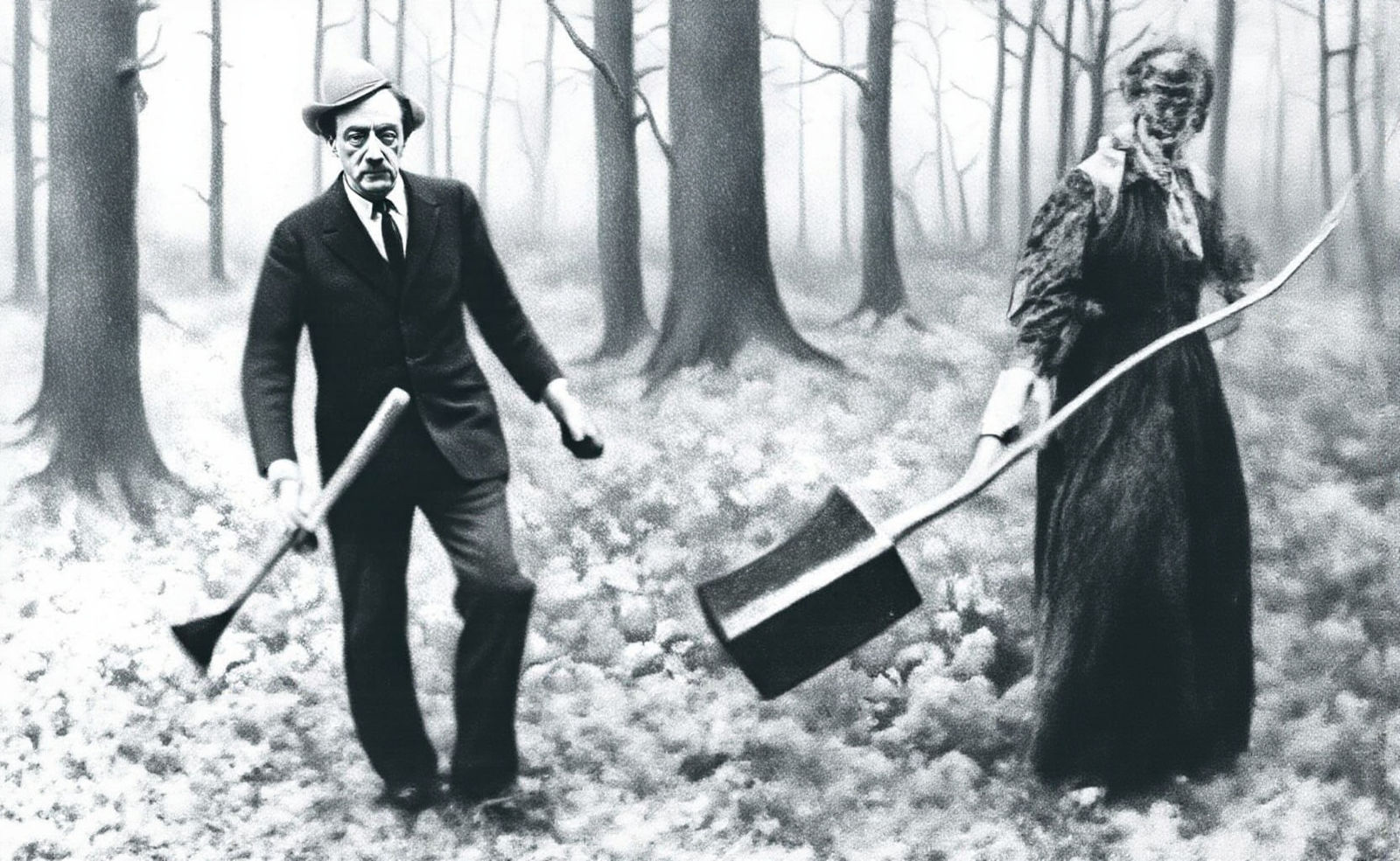 Mysterious Forest Walker with Axe Amidst a Surreal, Crimson ...