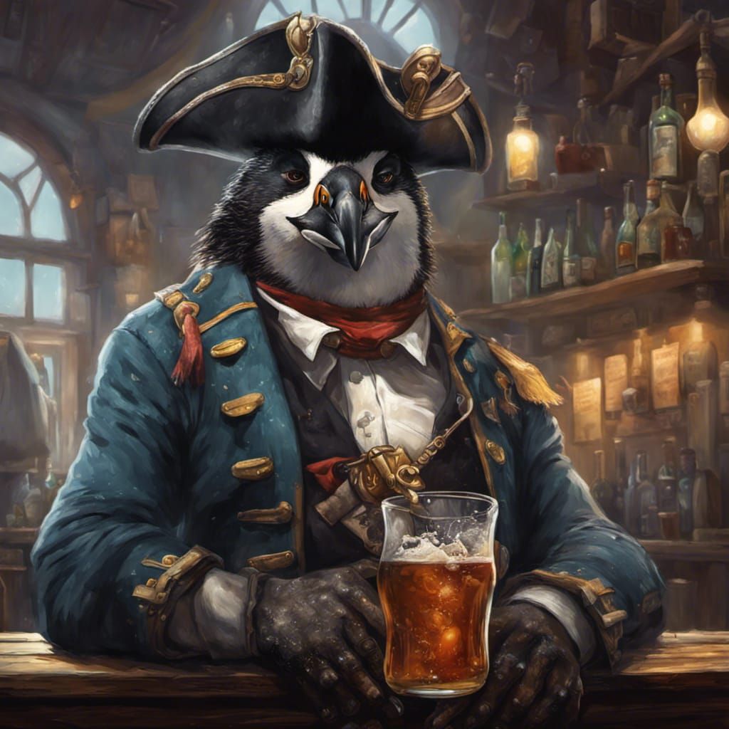 Penguin Pirate Captain: Hyperrealistic Pub Scene