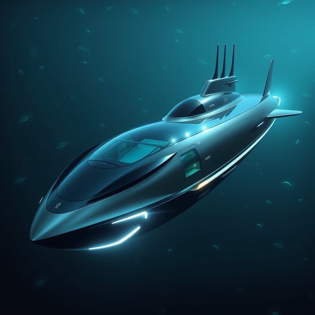 Futuristic Submarine with Bioluminescent Creatures, in Sleek...