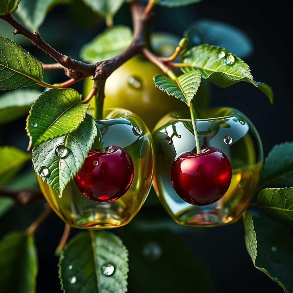 Glossy Glass Apples on Apple Tree Branch with Dew and Cherri...
