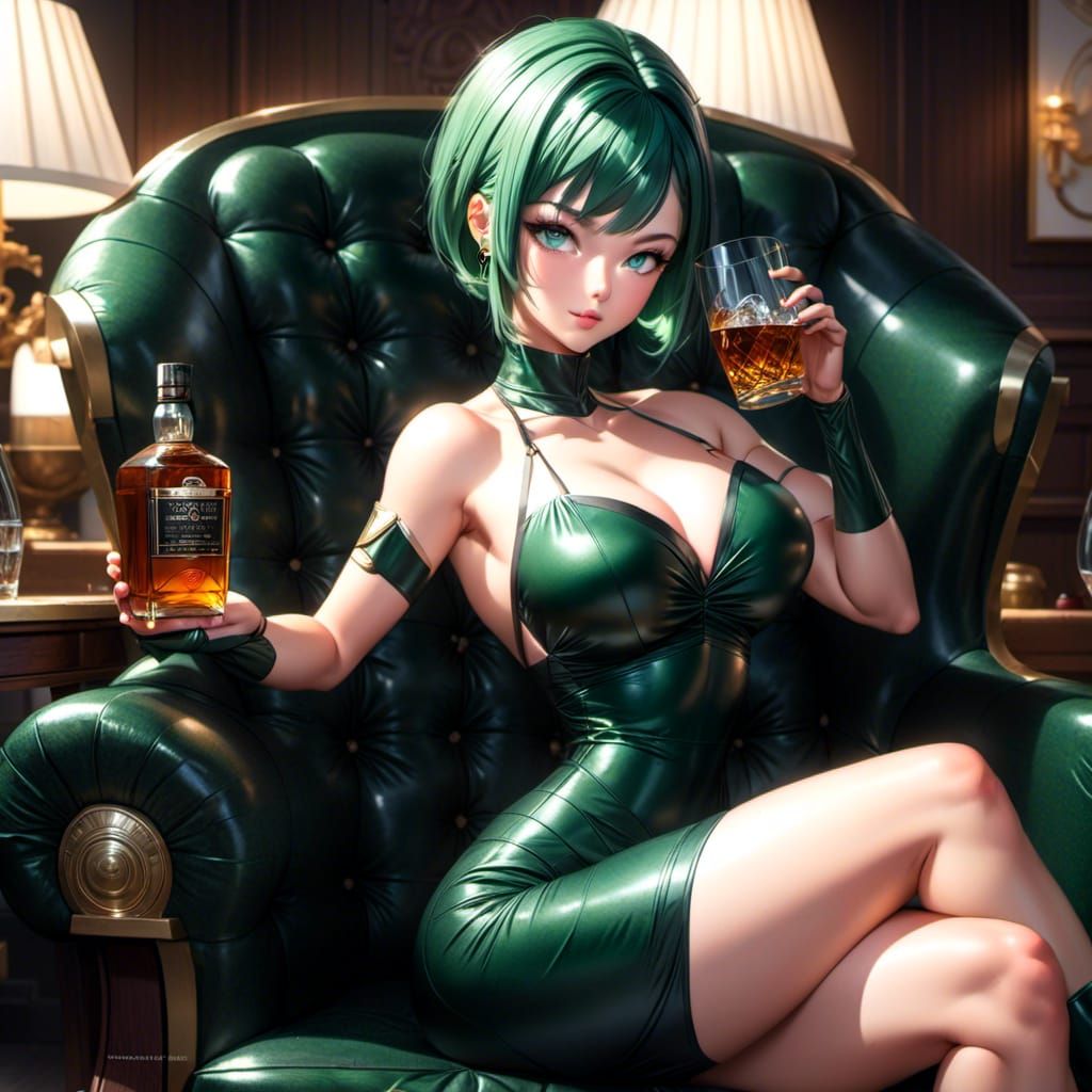Woman with Green Hair Drinking Whisky