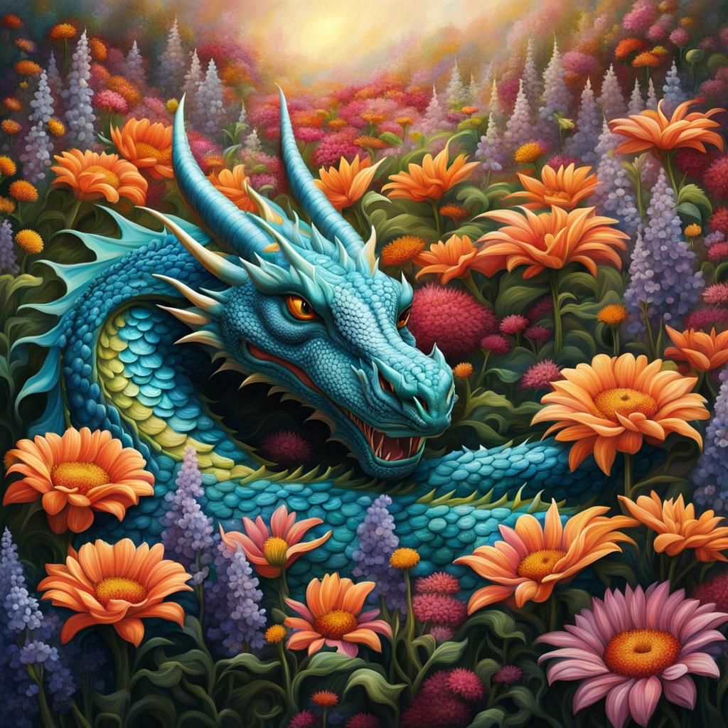 Dragon's Floral Slumber: Detailed Pastel Matte Painting