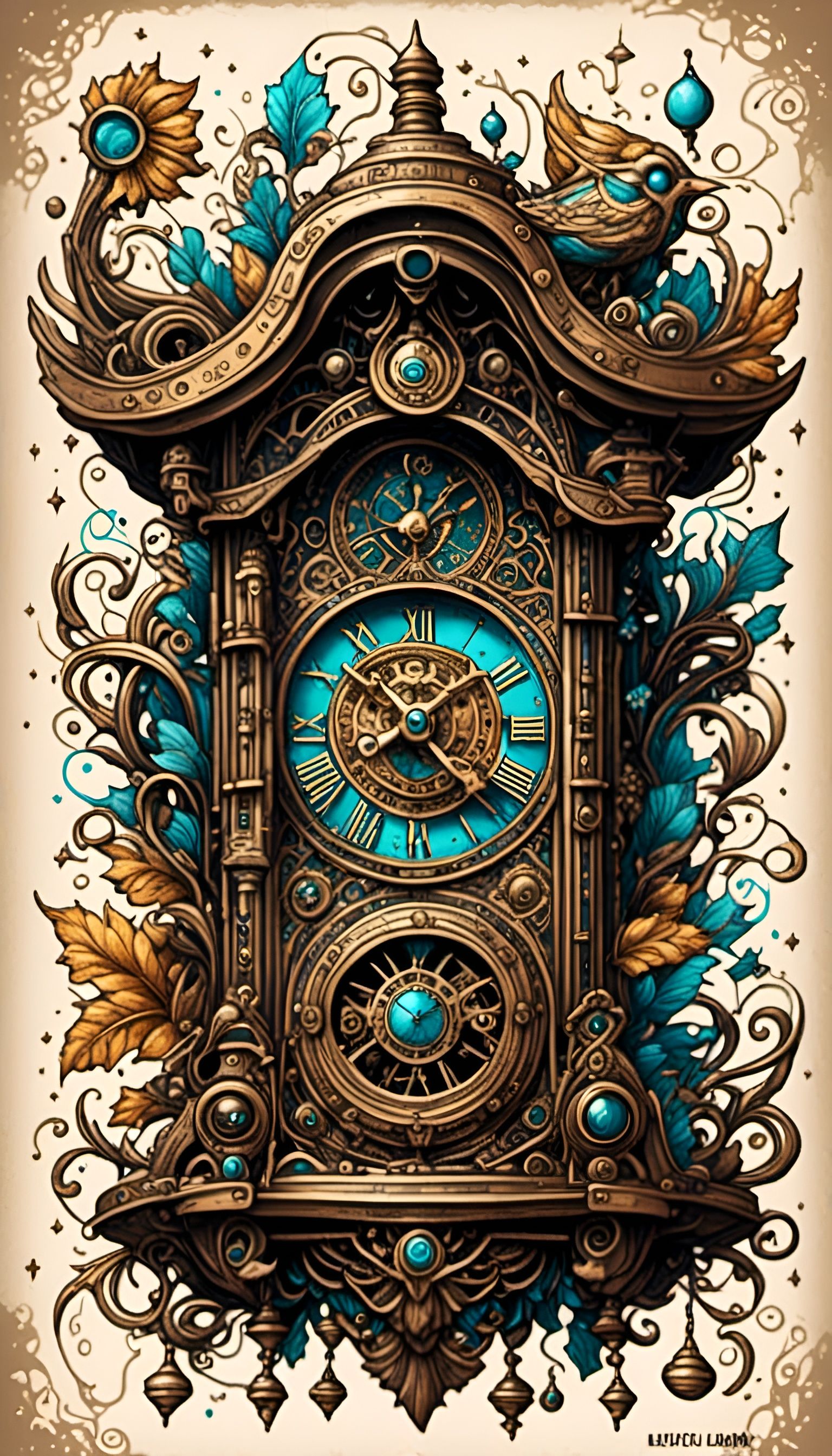Steampunk Cuckoo Clock with Golden Luminescent Details