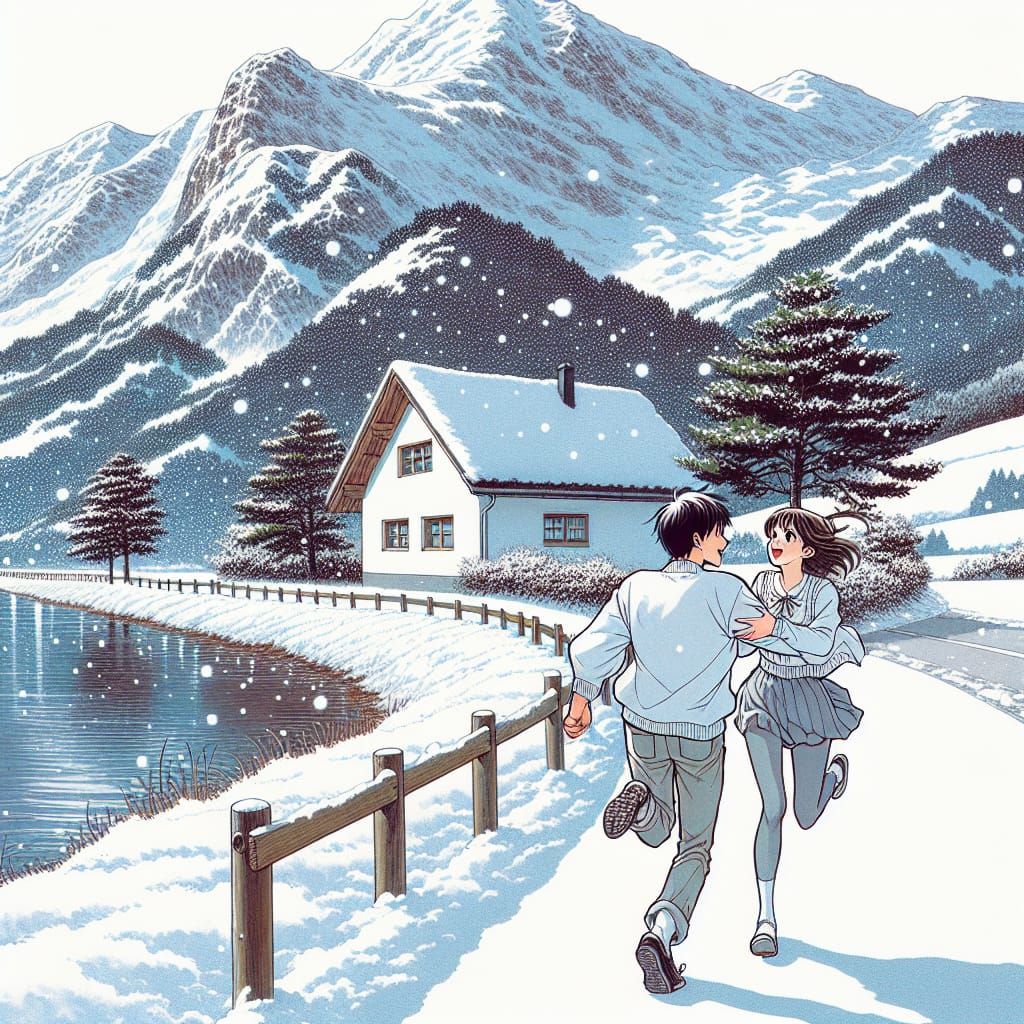 Affectionate Couple in Snowy Alps, Manga Style