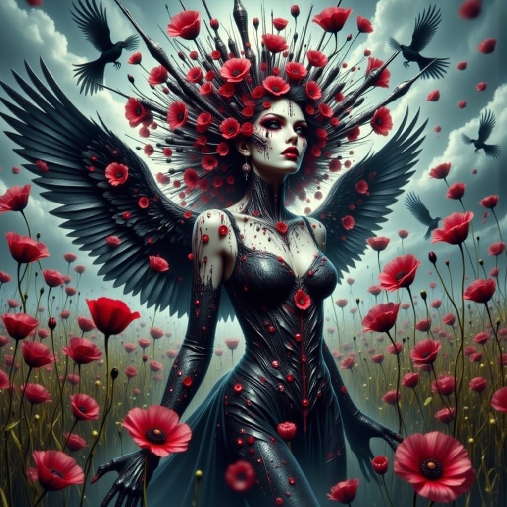 Cyberpunk Queen of Hearts in Poppy Field