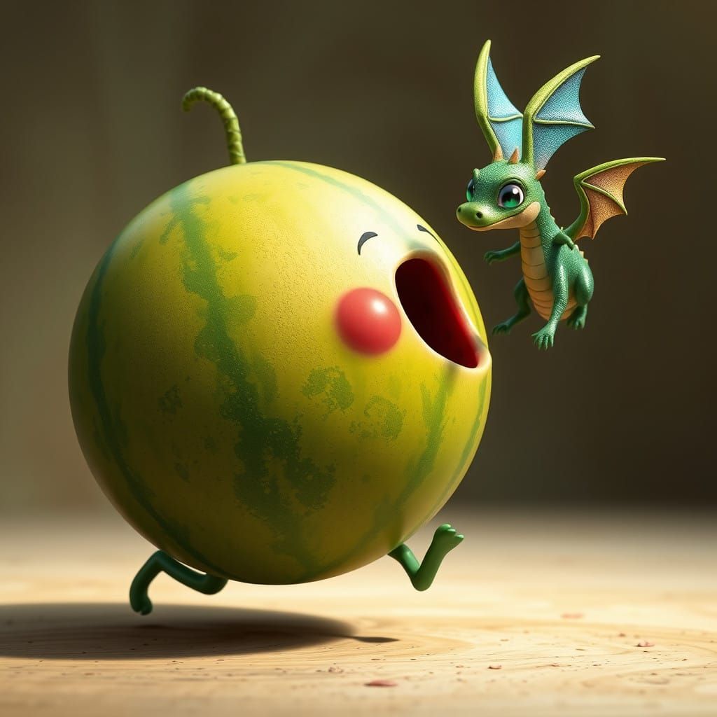 Watermelon Chases Tiny Dragon in Vibrant Whimsy