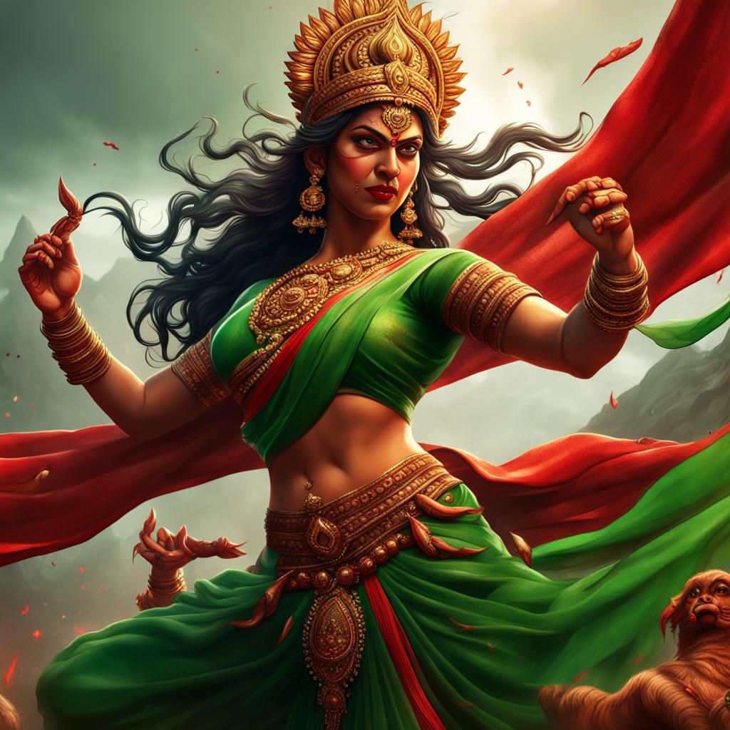 Durga Fighting Demon: Detailed Matte Painting