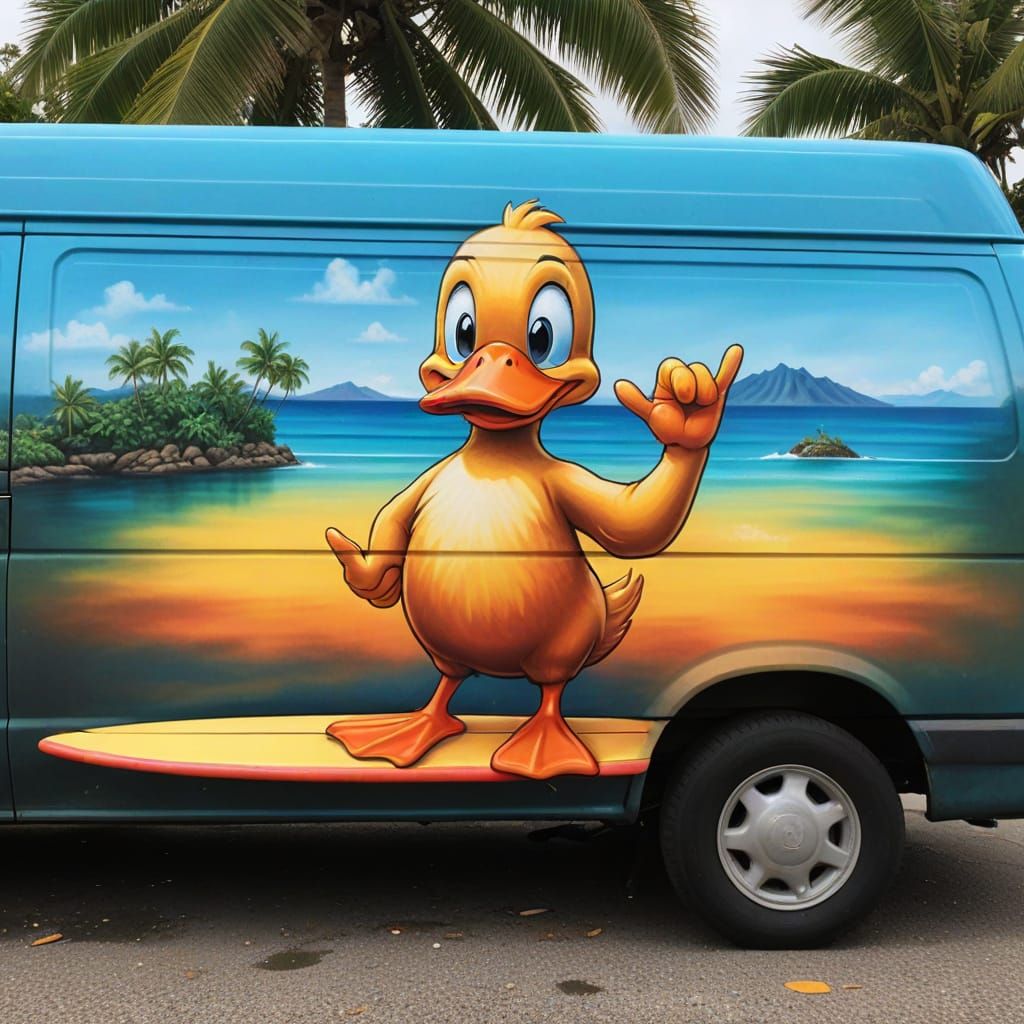 Waikiki Duck Shaka Mural in Airbrush Pop Art Style