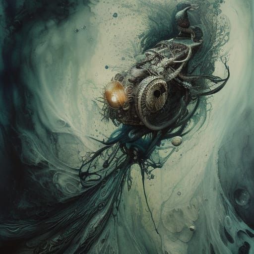 Farfadet in Green Ink Flow: Photorealistic Gouache Painting