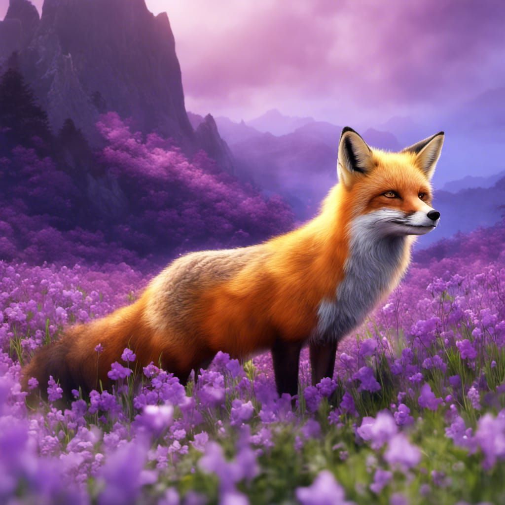 Red Fox in Purple Flower Field, Realistic Art