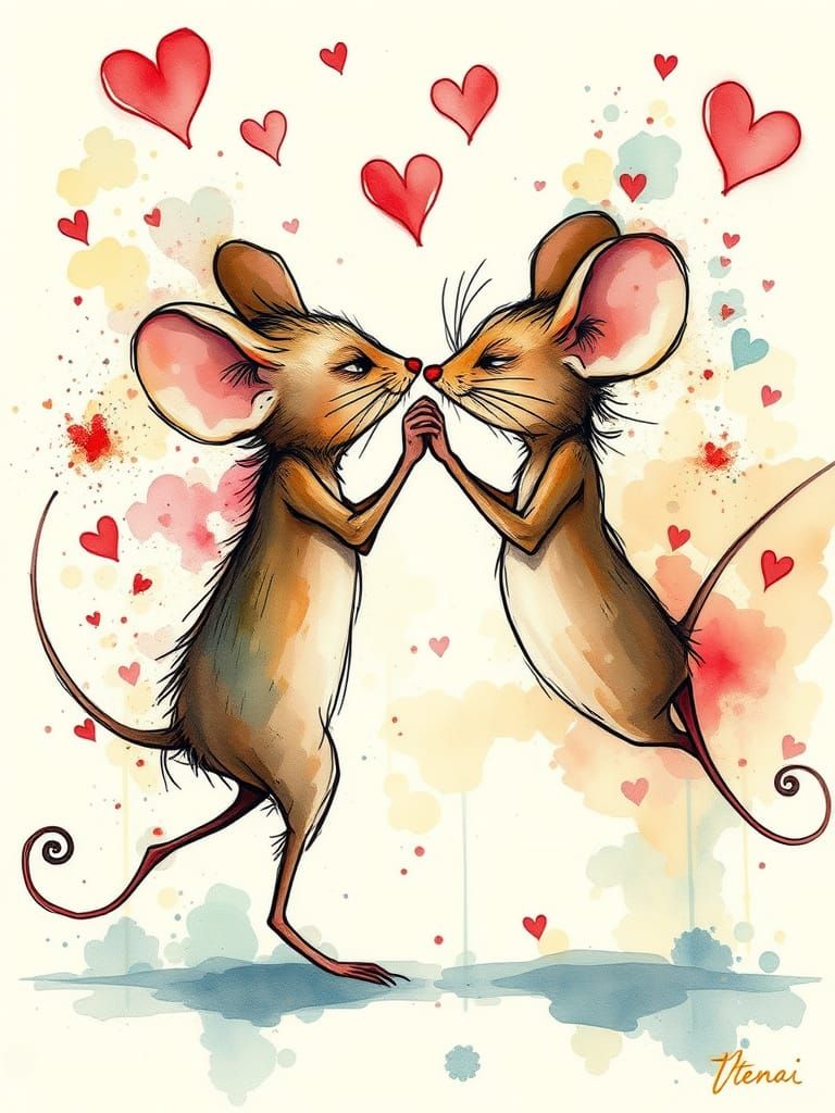 Romantic Whimsy: Two Mice Tango Amidst Vibrant Watercolour S...