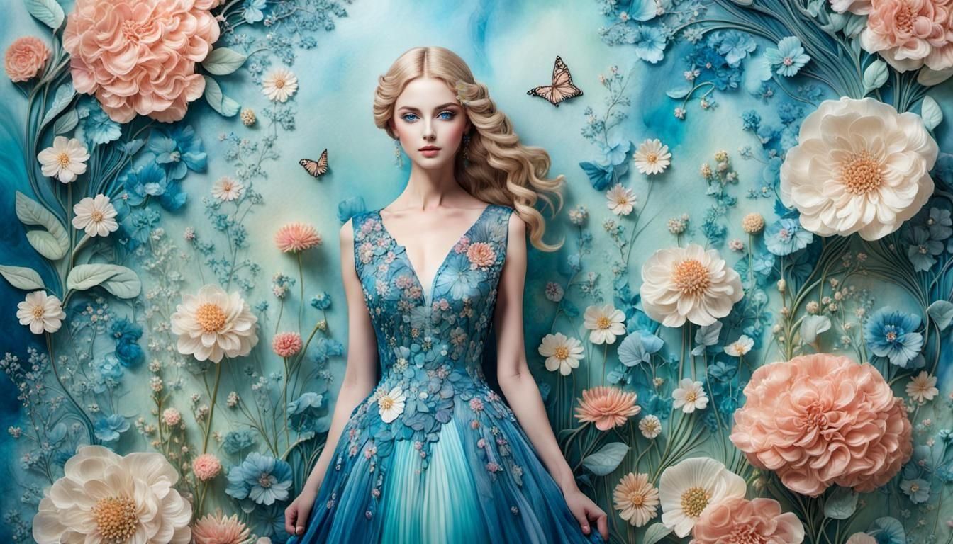 Encaustic Lady in Fractal Art with Soft Flowers