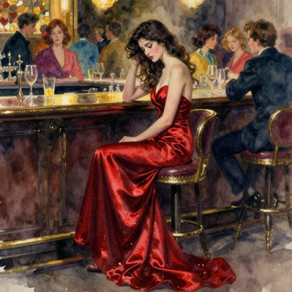 Elegant Lady in Silk Dress at a Vibrant Bar