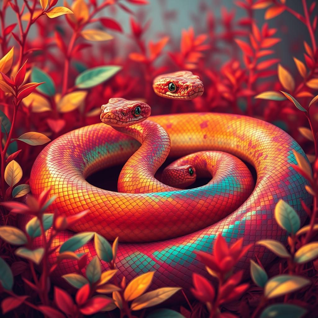 Iridescent Pit Viper in Ruby Jungle, Dreamlike Illustration