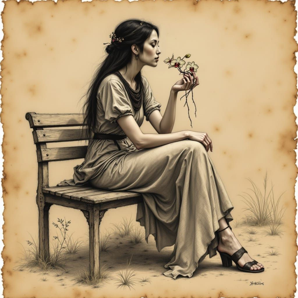 Renaissance-Style Charcoal Sketch of Woman with Orchid