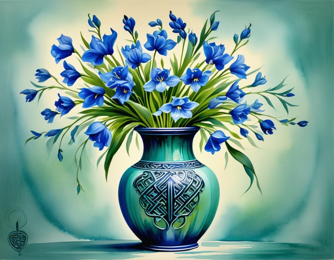 Bluebells in Teal Vase: Chinese Ink Painting