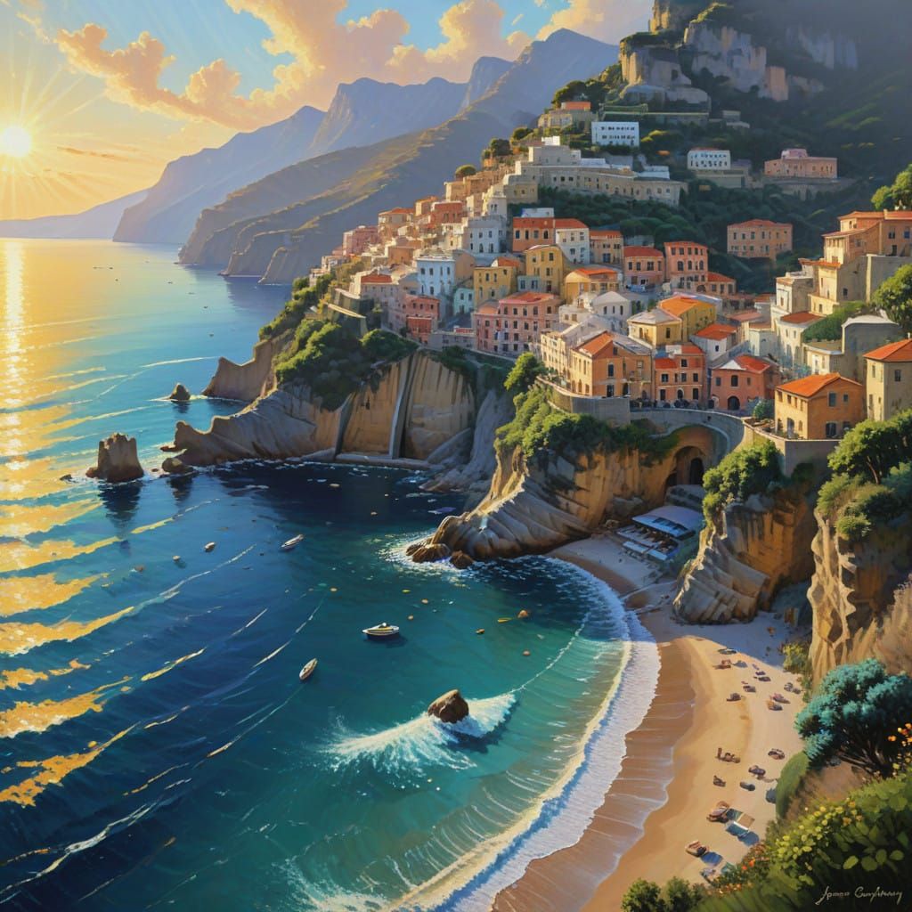 Vibrant Amalfi Coast Landscape in Expressive Oil Painting