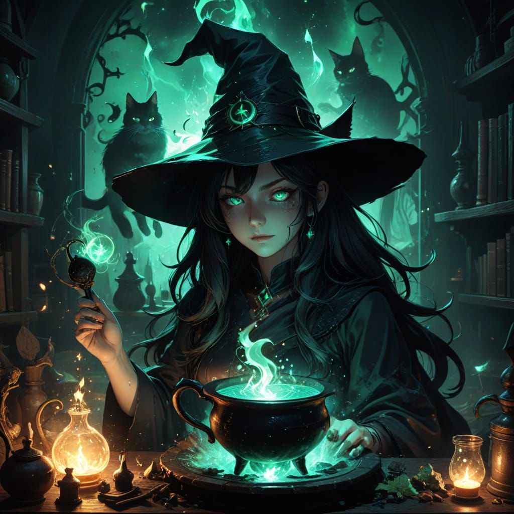 Dark Fantasy Witch and Cat Double Exposure