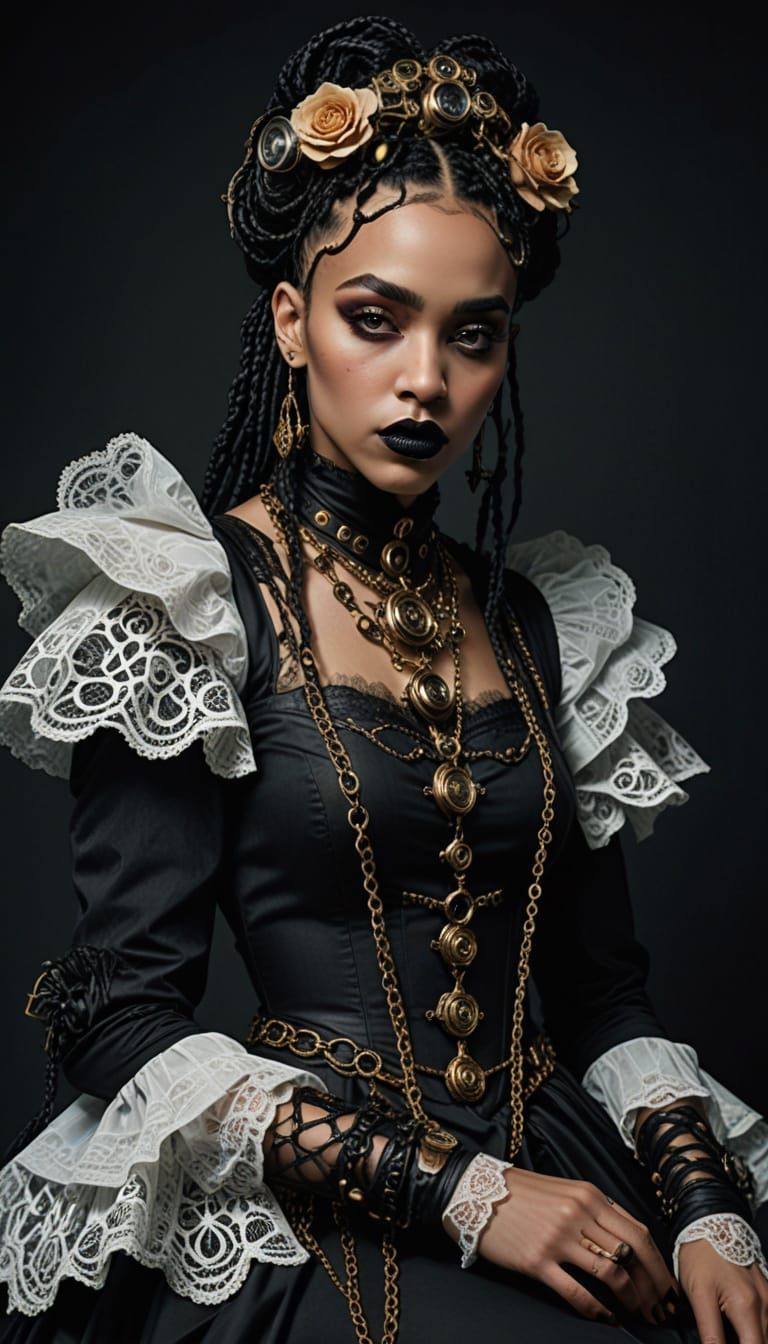 Cyber Victorian Gothpunk Goddess with Multicolored Braids an...