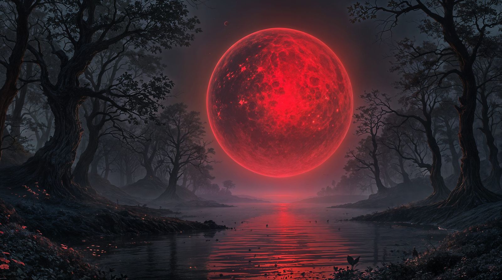 Glowing Red Orb in Mystical Forest, Fantasy Art