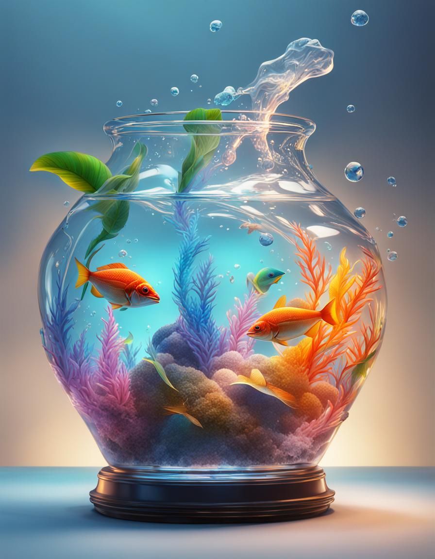 Glass Amphora Filled with Tropical Fish: Hyperrealistic Art