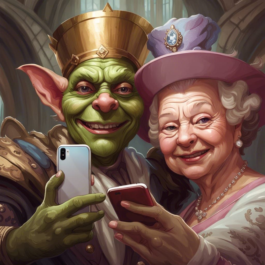 Goblin Selfie with Queen Elizabeth II, Hyperdetailed Art