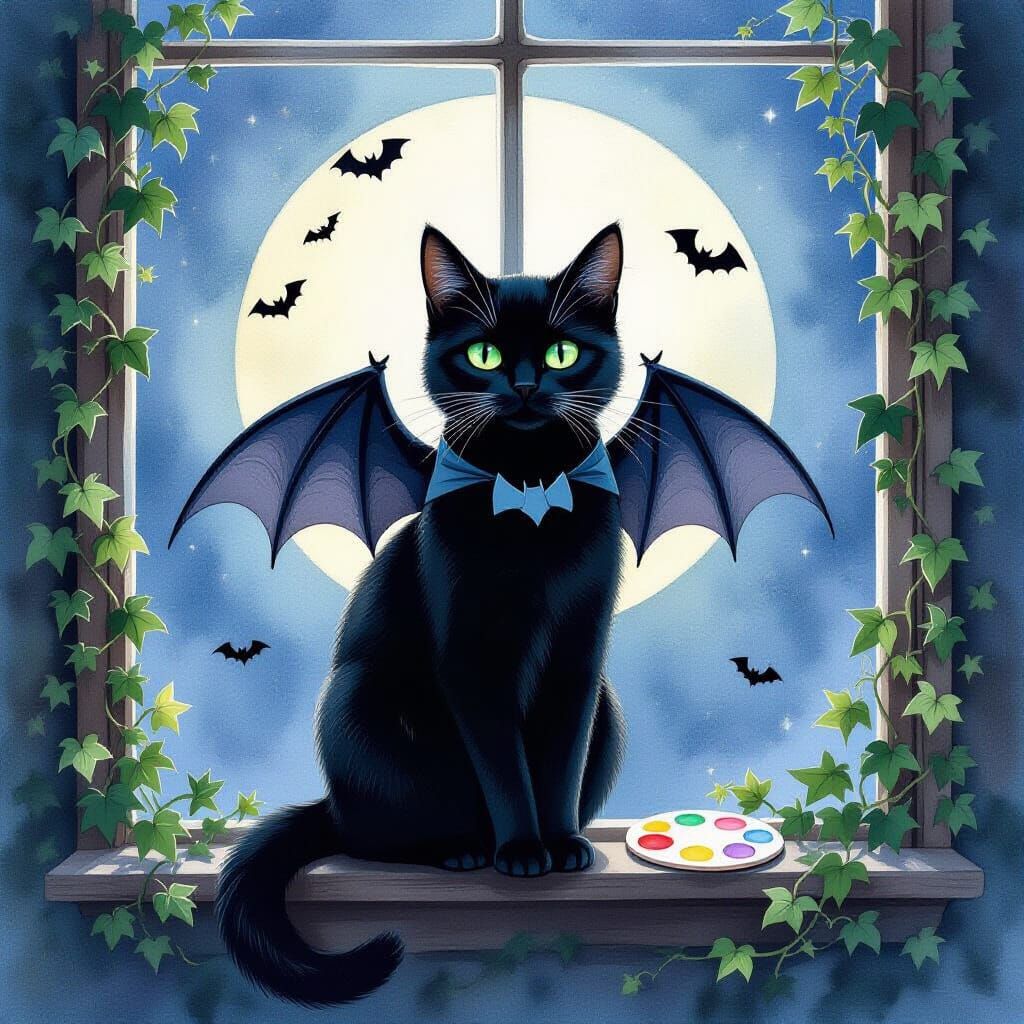Black Cat in Bat Costume on Moonlit Windowsill