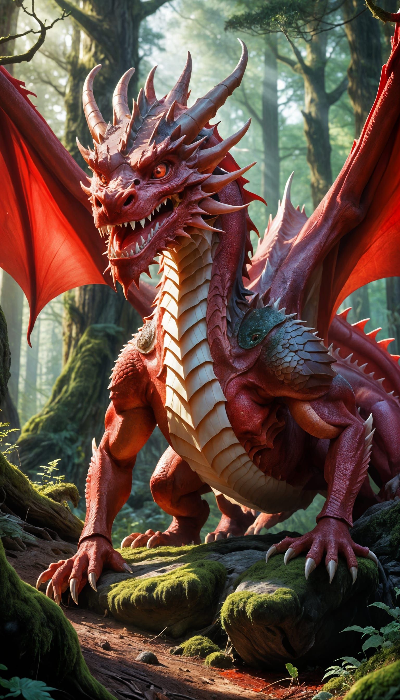 Giant Red Dragon God Awakens in Ancient Forest
