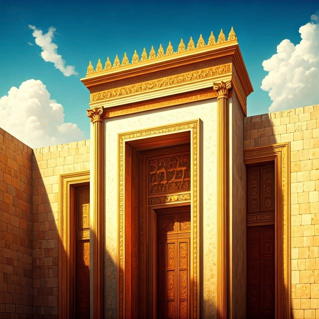 Jerusalem Temple Radiates Golden Light with Ornate Hebrew In...
