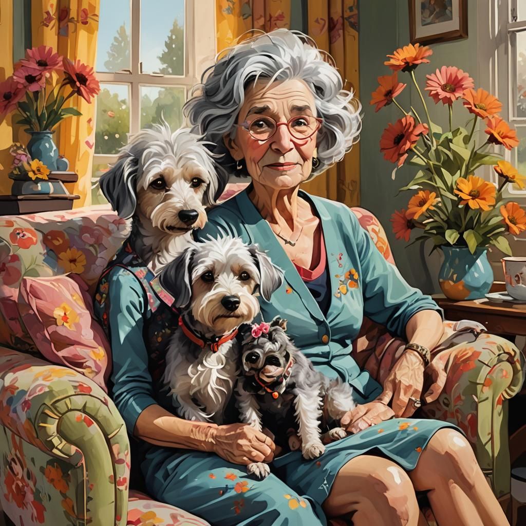 Comedic Caricature: Senior Lady and Scruffy Dog