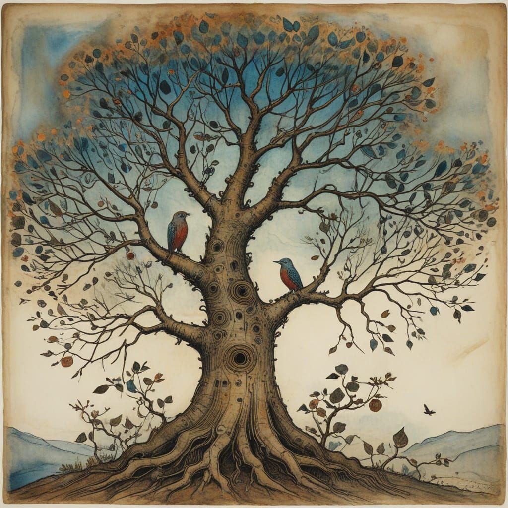 Ethereal Bird in Whimsical Tree, Intricately Detailed Art