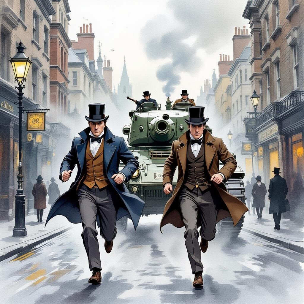 Sherlock Holmes' Steampunk Chase, Watercolor Style