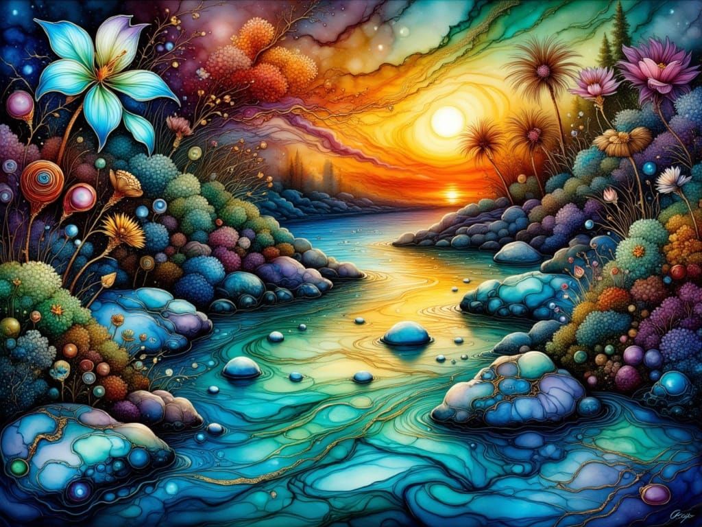 Vibrant River Scene in Blue Alcohol Ink Style