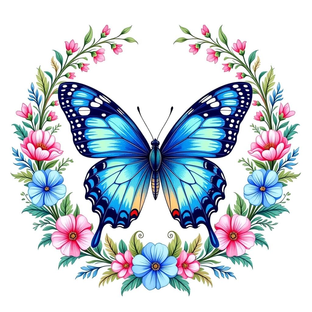 Vibrant Blue Butterfly in Floral Wreath Illustration