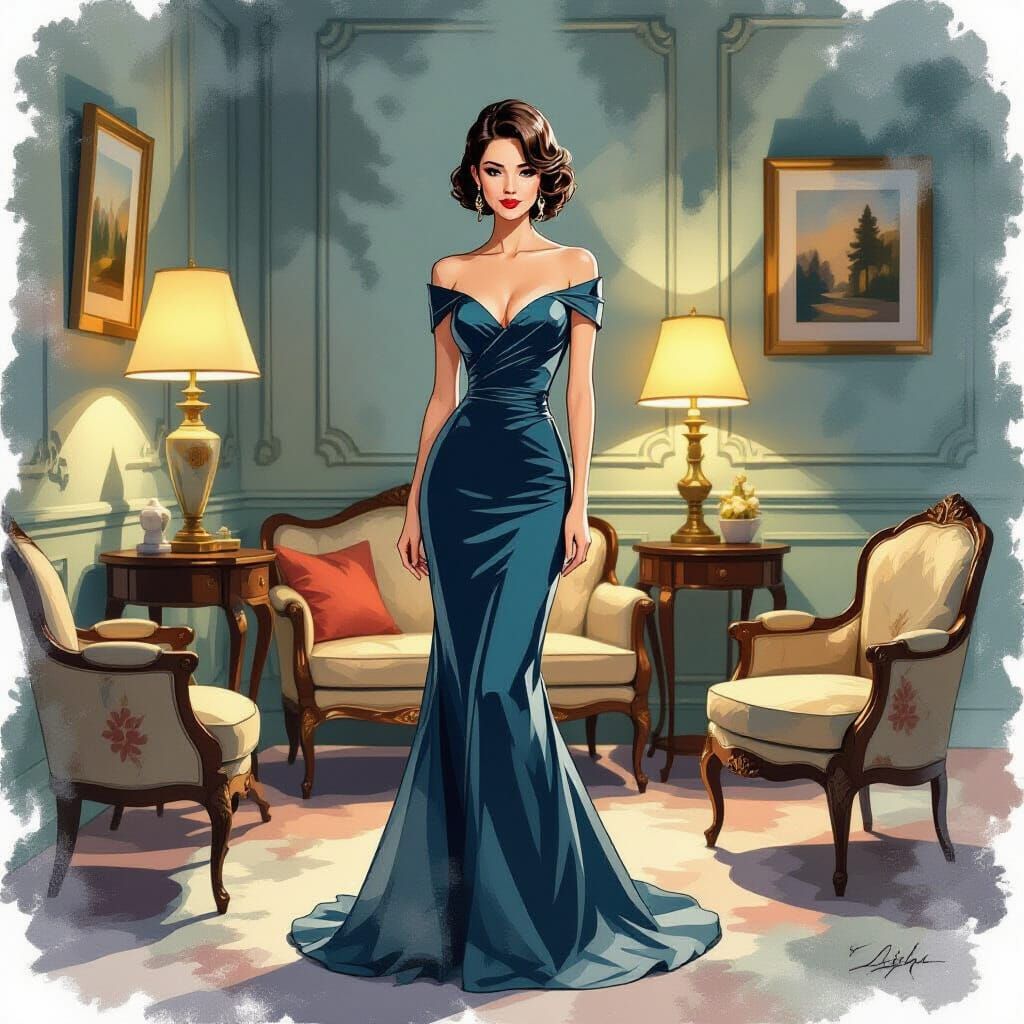 Elegant Woman in 1960s Room Wearing Evening Dress