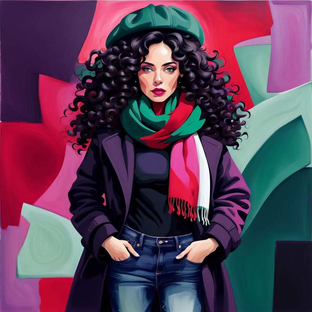 Woman with Curls in Abstract Color Landscape