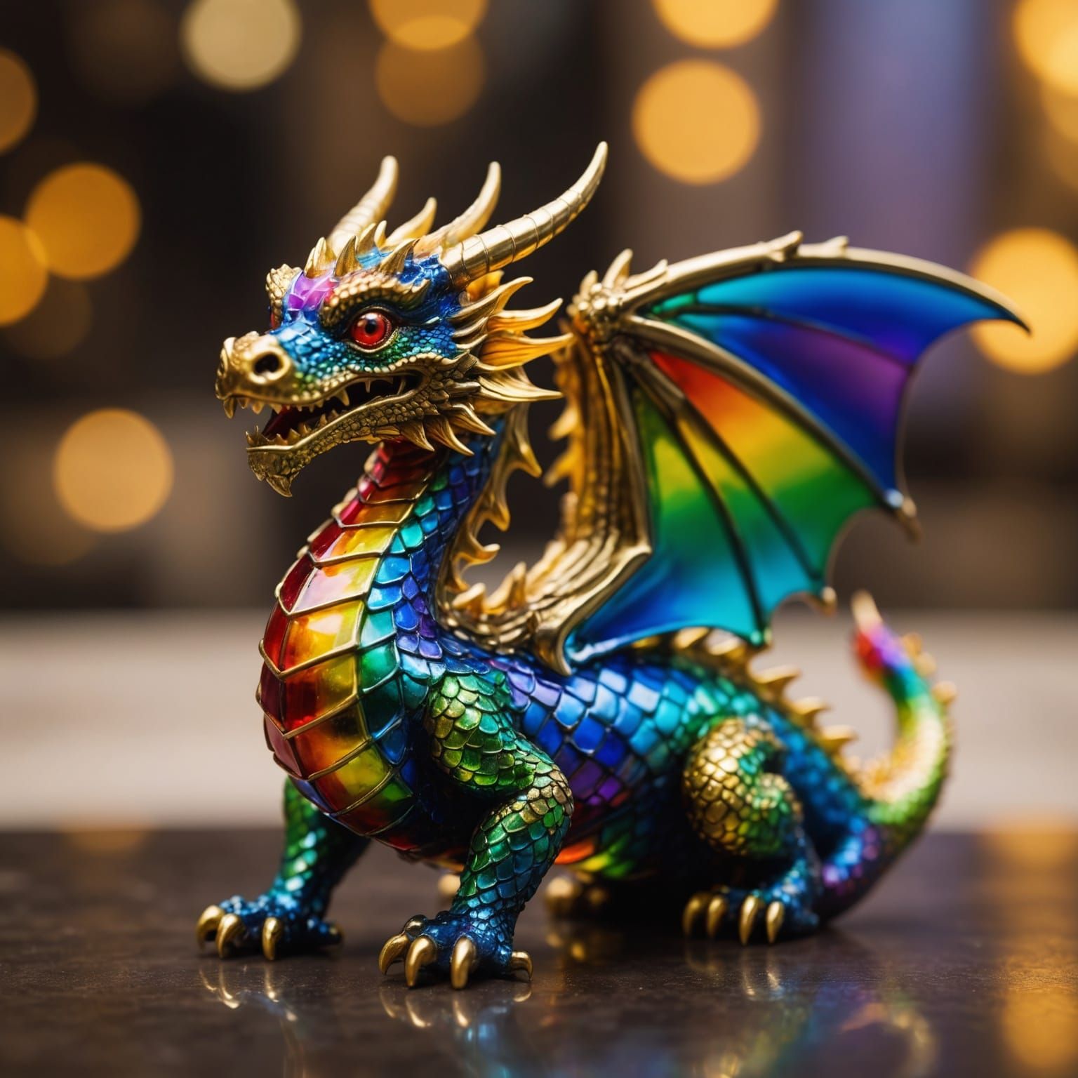 Rainbow Glass Dragon Figurine with Golden Accents