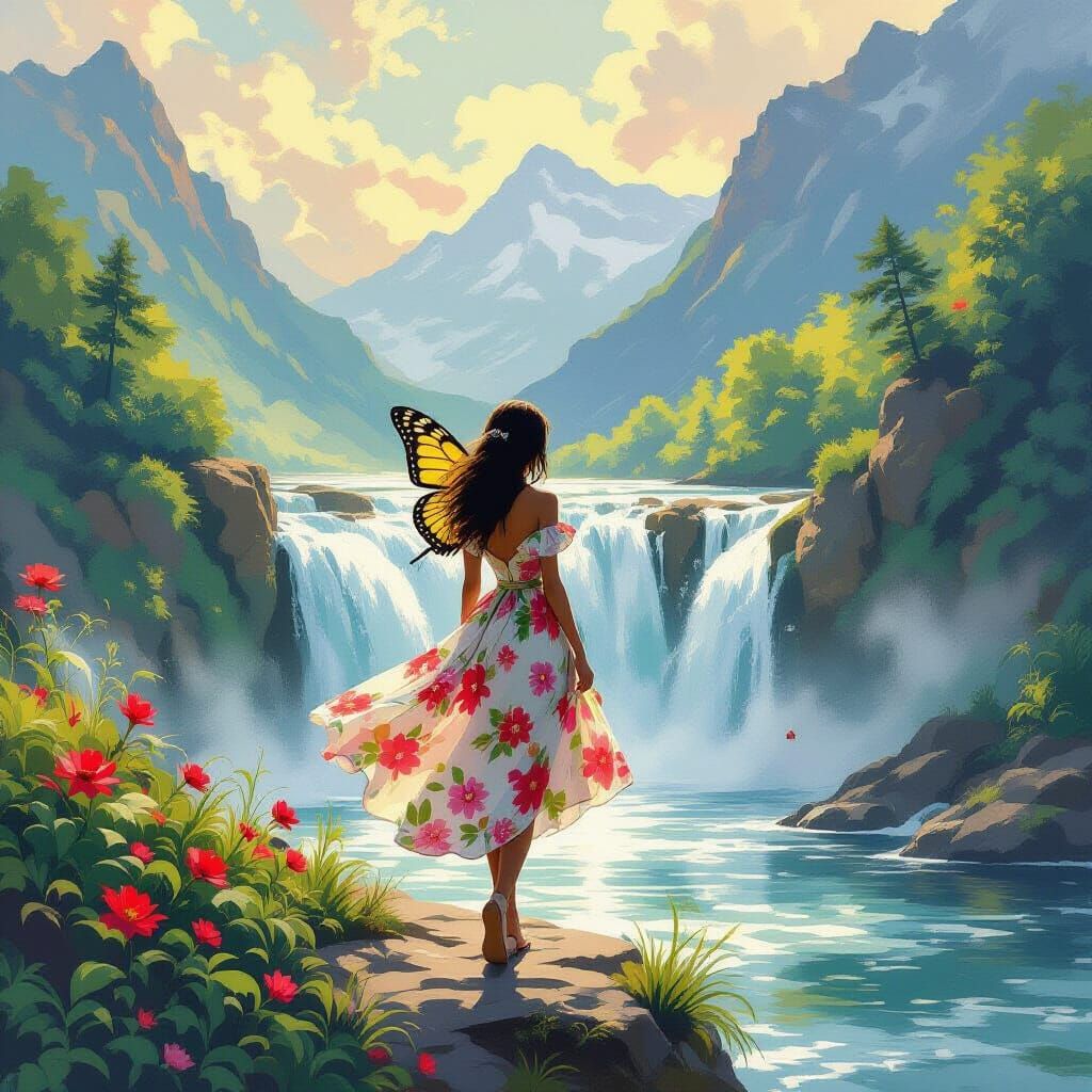 Butterfly in Floral Dress near Waterfall