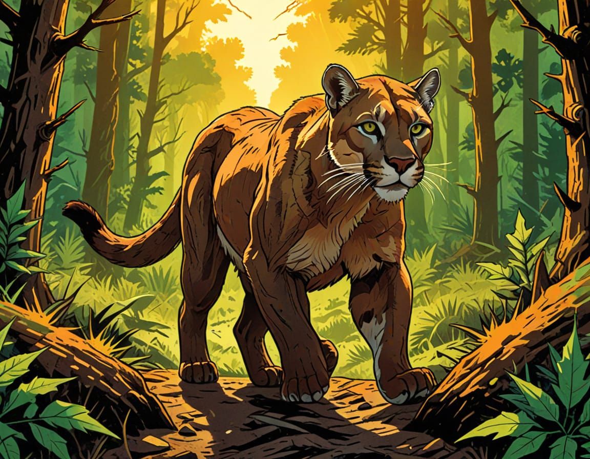 Brown Cougar in Thorn Forest: Retro Comic Art