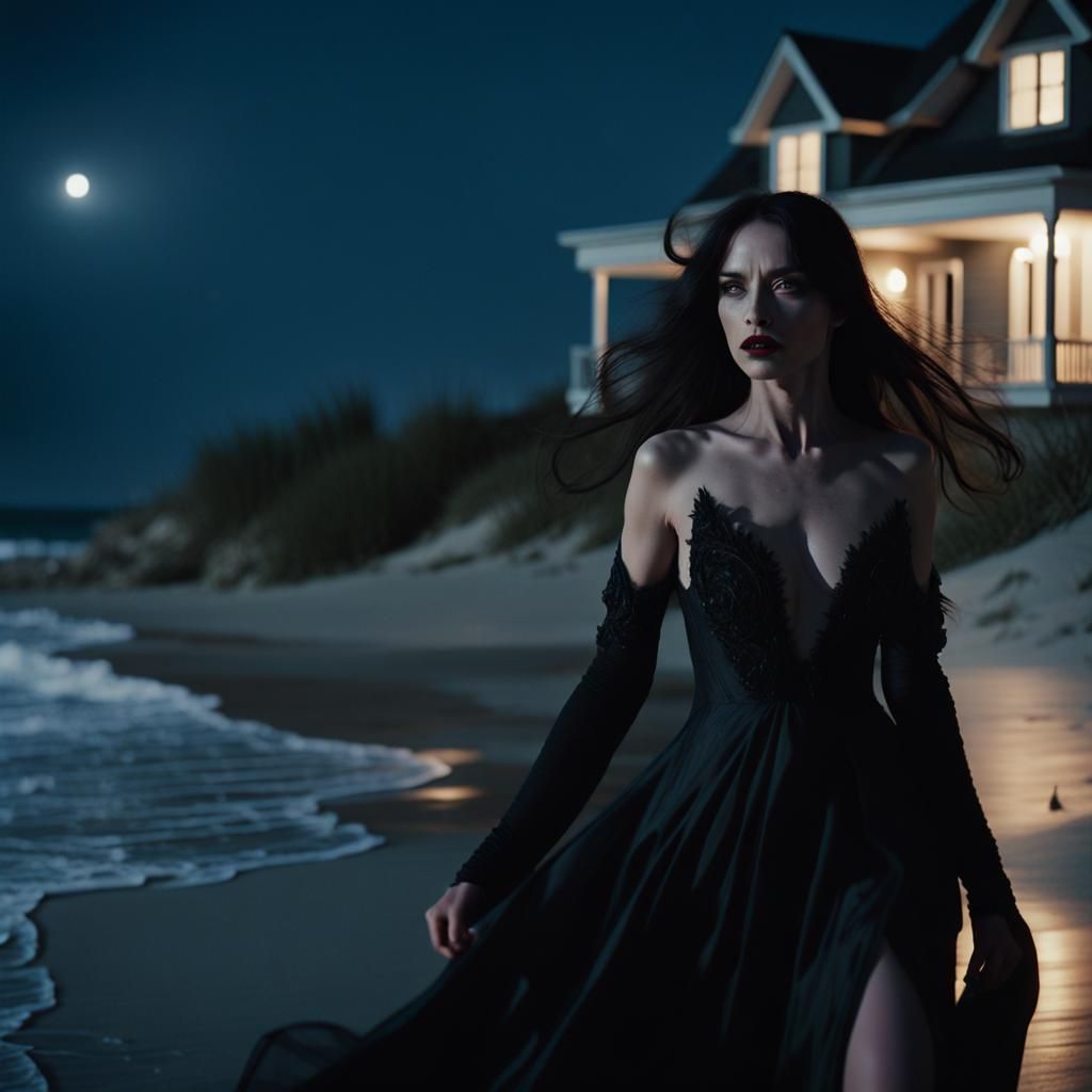 Demonic Beauty on Moonlit Beach in Cinematic Style