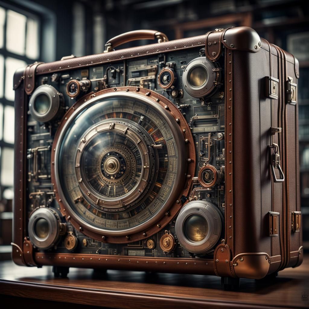 Hyperrealistic Suitcase Time Machine with Touch Screen