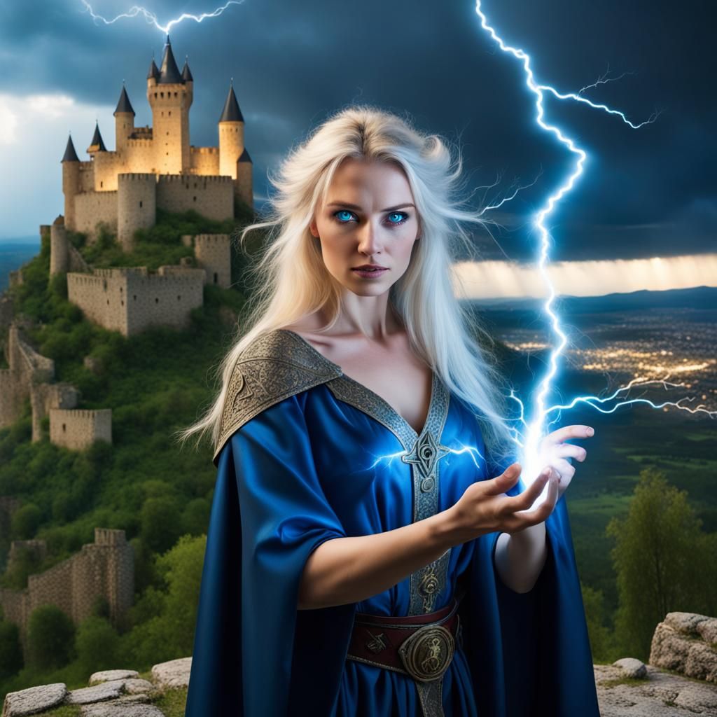 Sorceress Summons Lightning at Medieval Castle