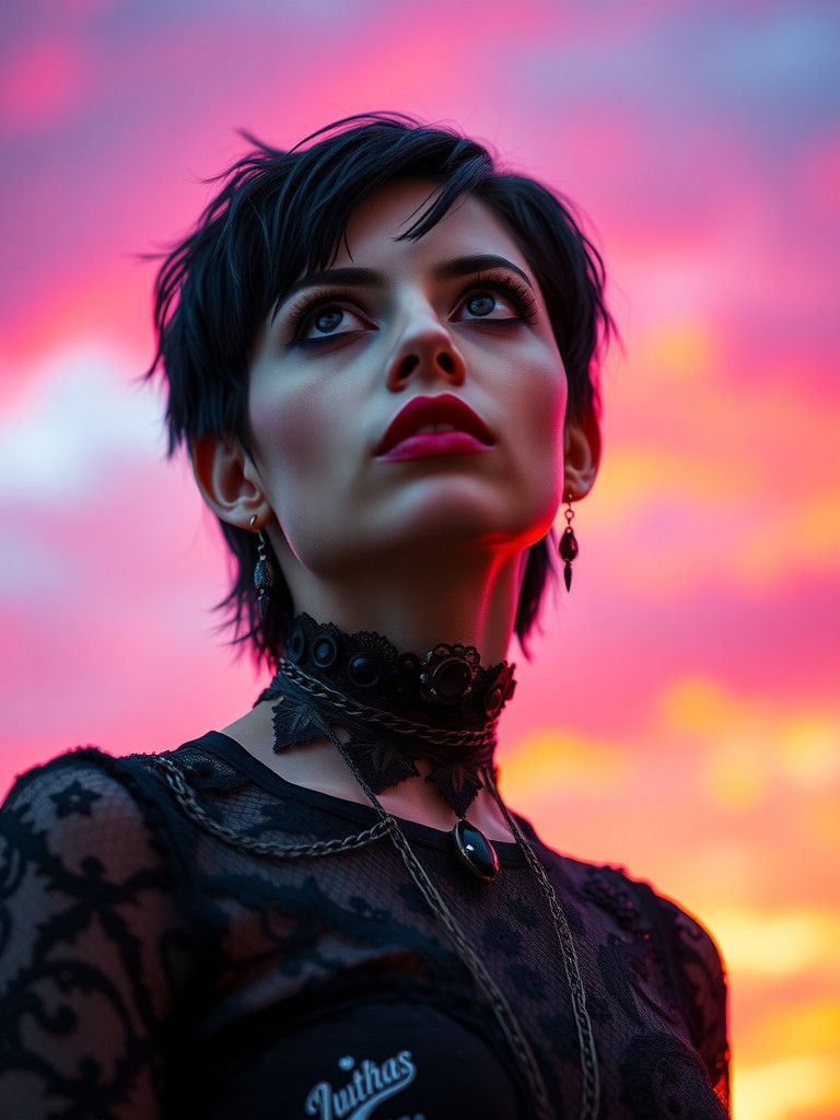 Gothic Woman with Edgy Features and Vivid Sky