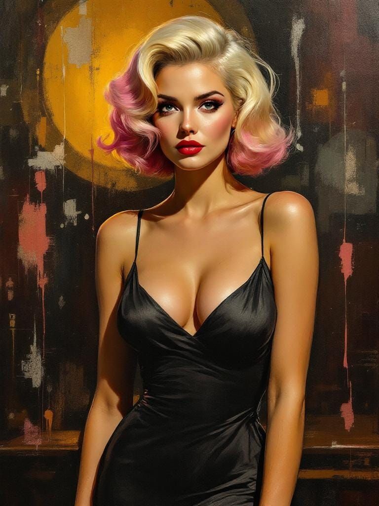 Blond Woman in Pin-Up Pose with Expressive Brushstrokes