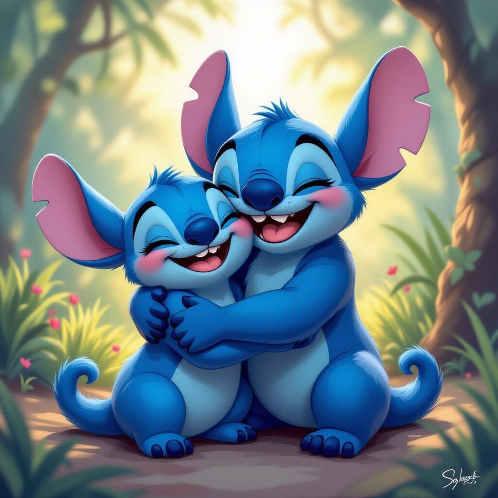 Fuzzy Felt Lilo and Stitch Hugging, Fantasy Portrait